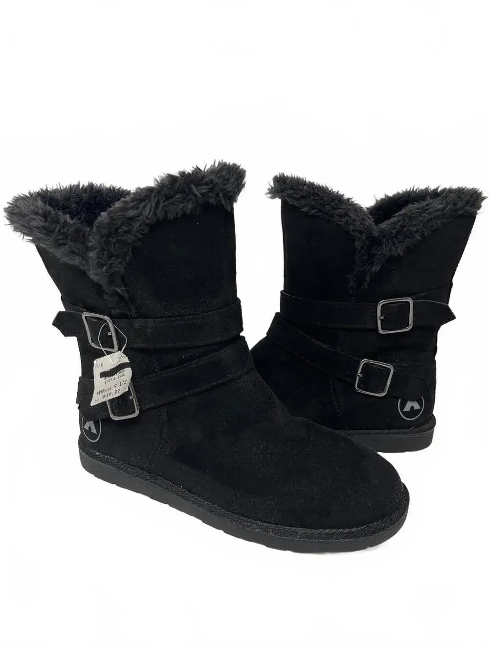 Airwalk Womens Size 9.5 Black Suede Faux Fur Trim Double Buckle Winter Boots